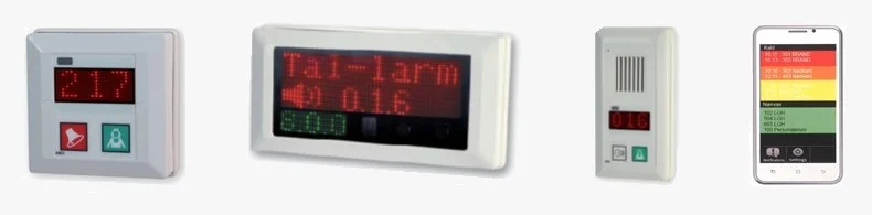Enheter i FACI kallelsesignalsystem: rumsenhet, display, talenhet och mobilapp